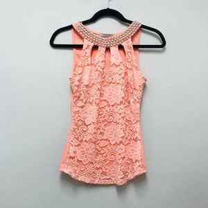Papaya Top with Lace and Pearl Accents